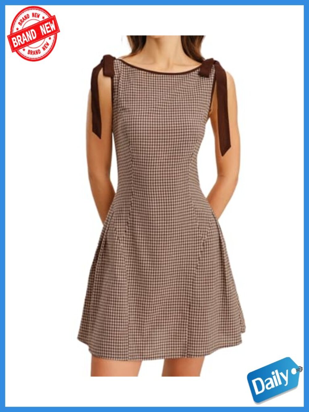Plaid Gingham Midi Dress Boat Neck A-Line Sleeveless Bow Tie Casual Summer